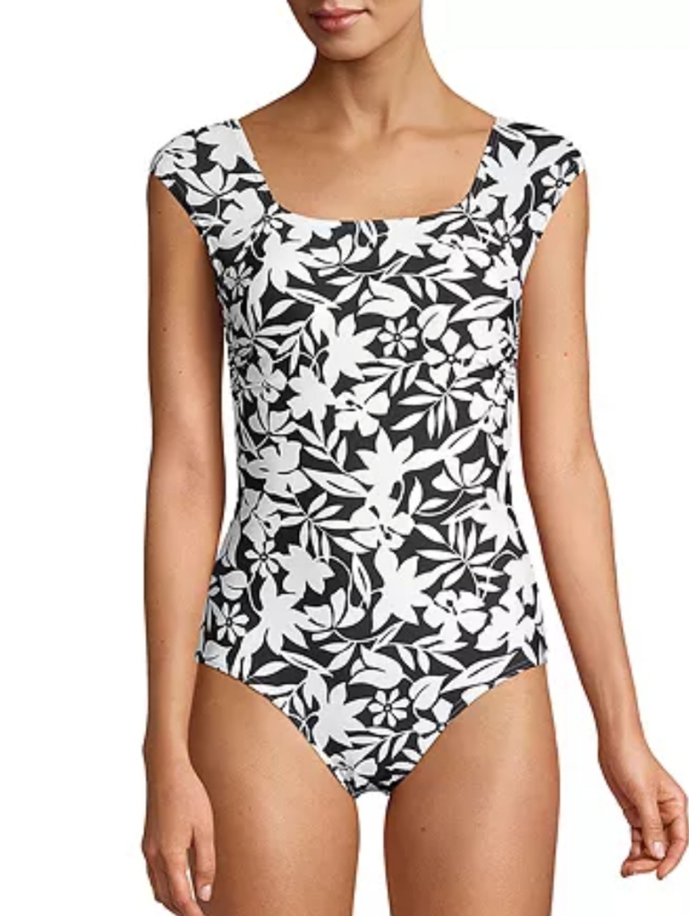 Lands End Swimsuit Tummy Control Cap Sleeve X-Back  Floral Like-New